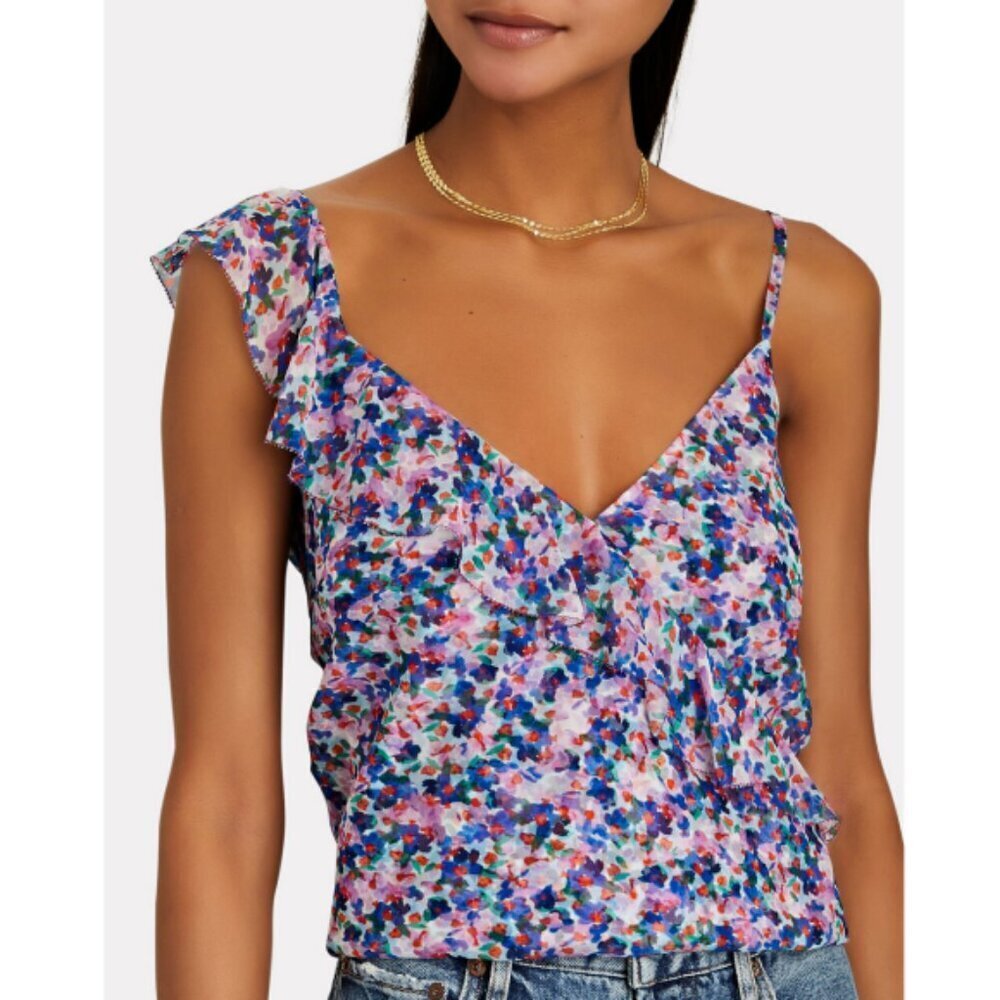 Veronica Beard 'Nea' Floral-Print Ruffled Silk Top, Violet Multi - Picture 2 of 3